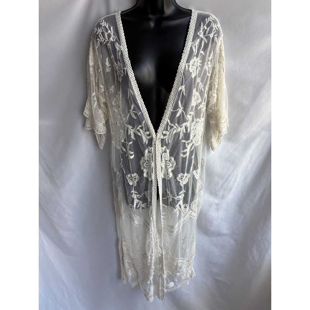Siren Lily Maternity Ivory Embroidered Lace Mesh Long Boho Kimono Robe Size S
